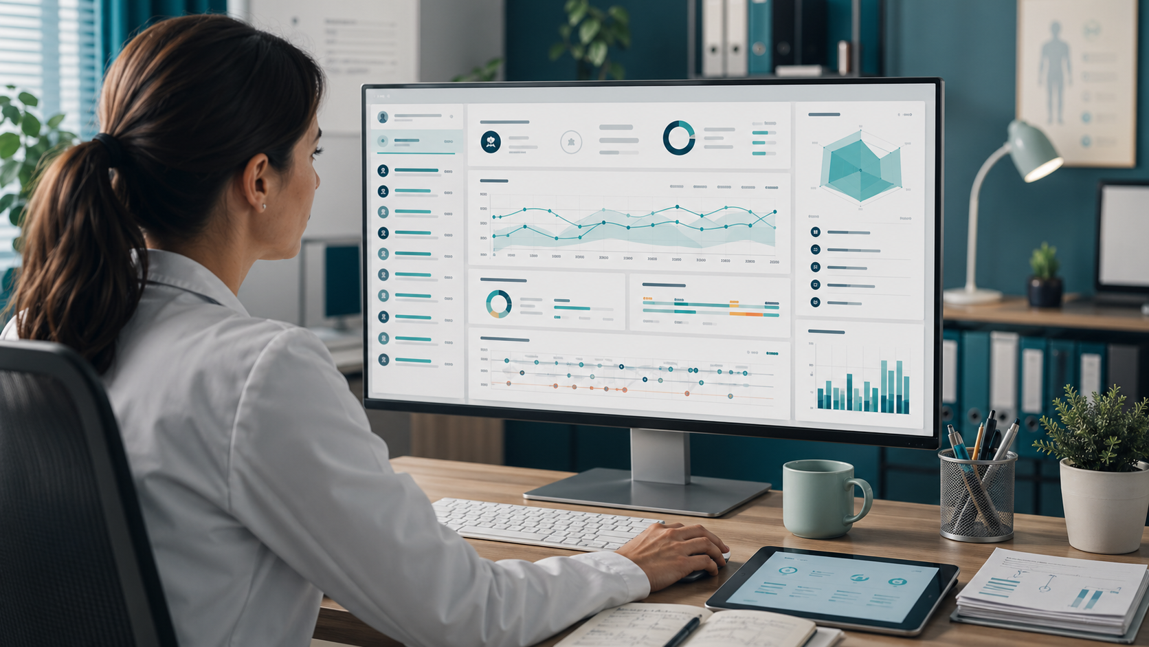 Profissional analisando painel clínico em estação de trabalho