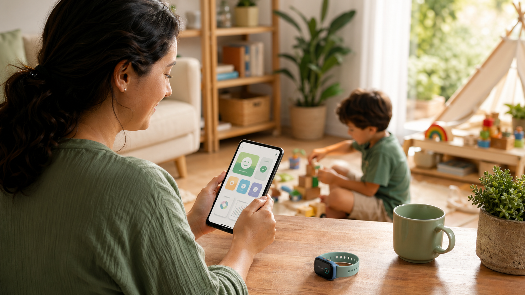 Cuidadora usando app de check-in enquanto a criança brinca em casa