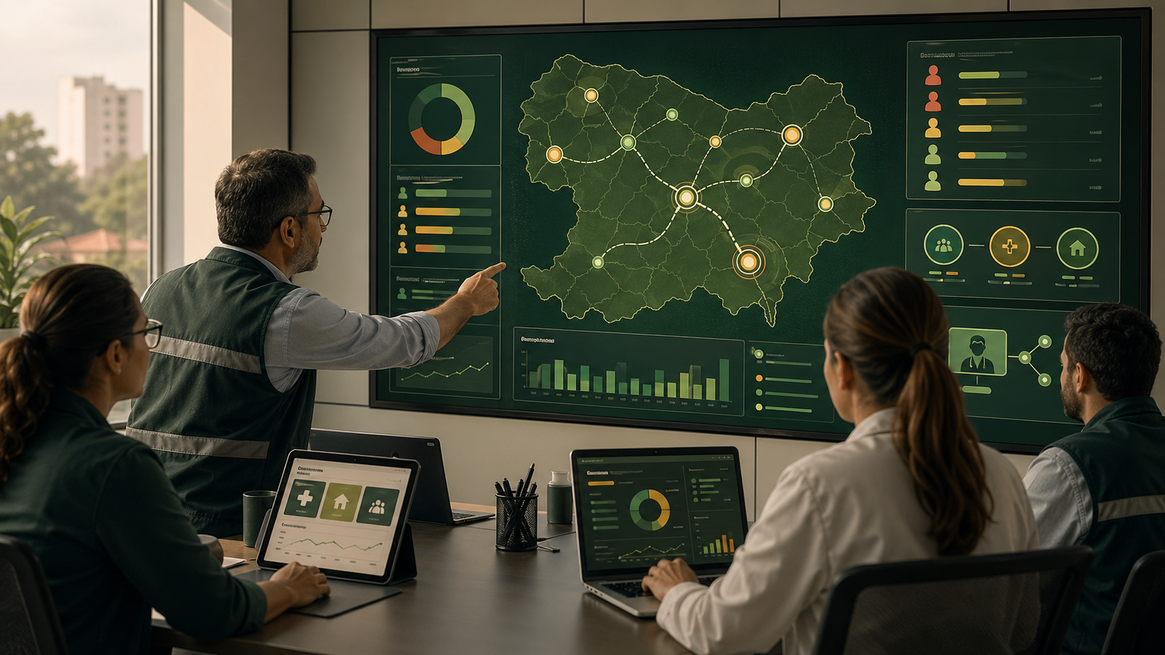 Equipe pública analisando painel territorial de saúde