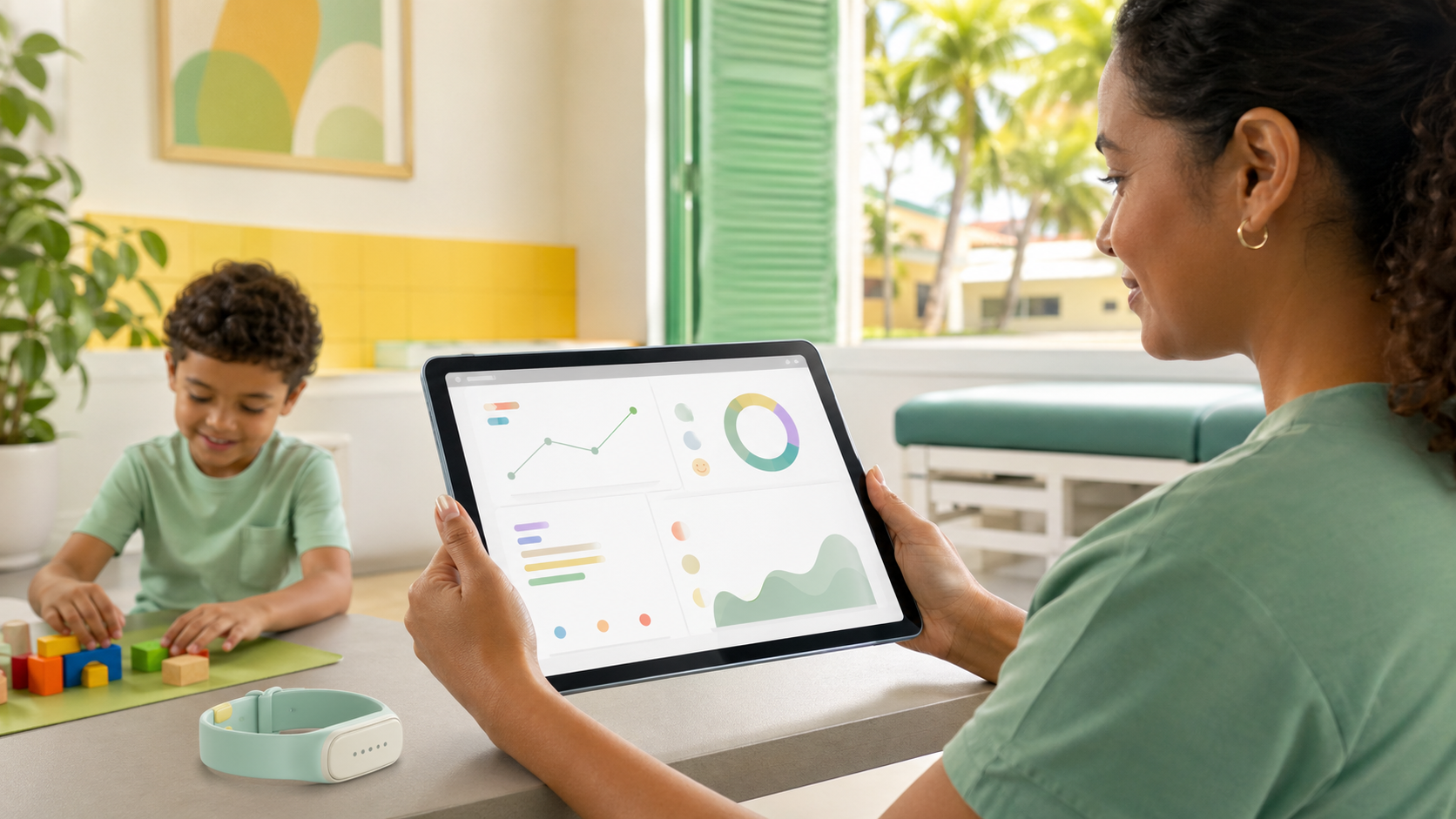 Cuidador visualizando dados de cuidado em um tablet